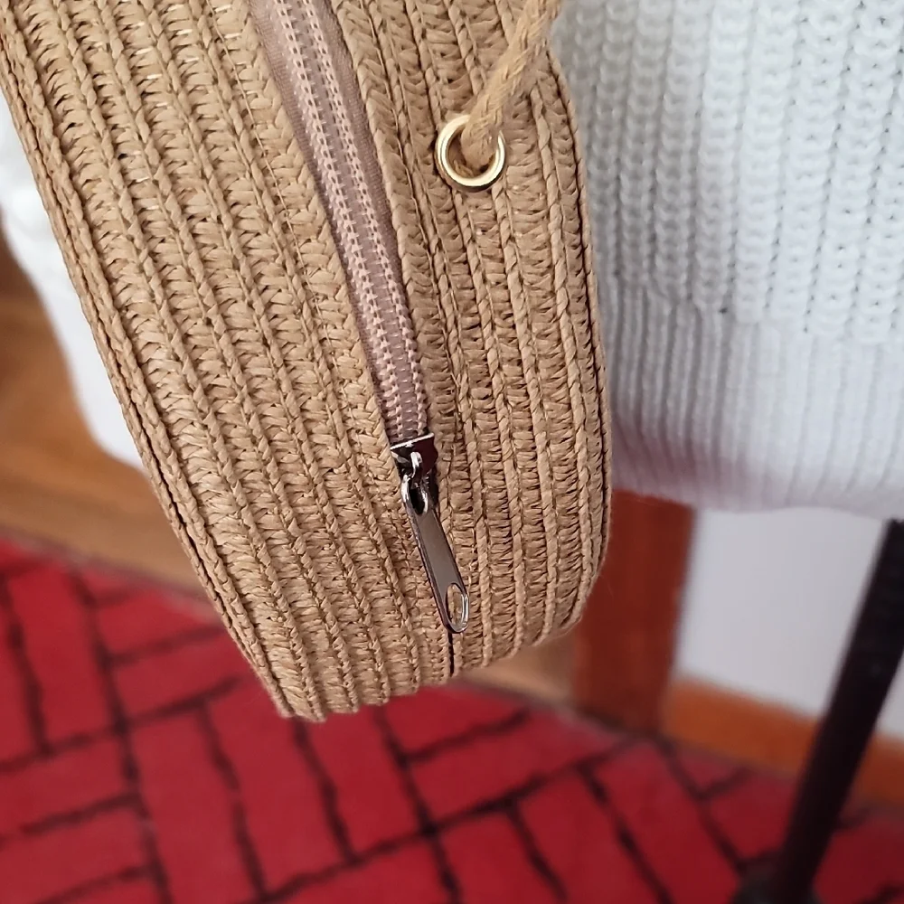 Elegant Khaki Rattan Round Crossbody Bag